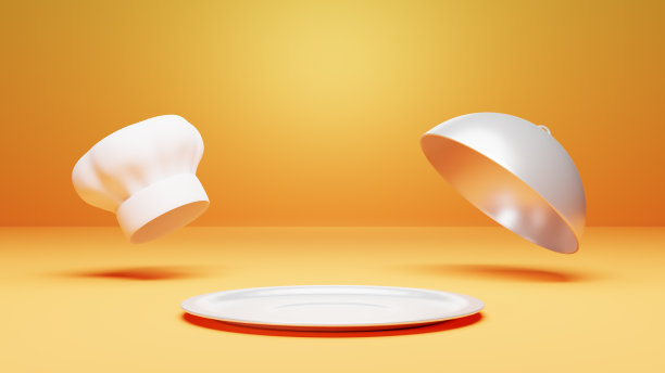 产品展示的讲台，有厨师帽，时钟和托盘。3 d渲染。3 d演示。图片下载
