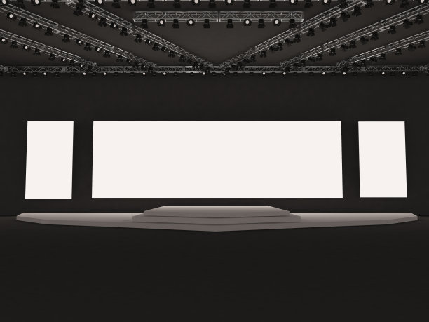 空的舞台前视图，矩形屏幕用于投影。天花板聚光灯系统，以及大厅的平台元素。空白屏幕。Led夜灯舞台。三维渲染图图片下载