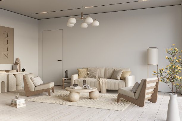 舒适的家庭内部在浅色柔和的颜色与硬木地板。墙体模型，3d渲染图片下载