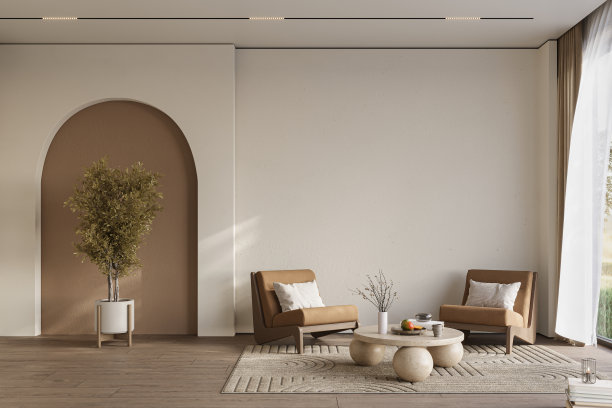 舒适的家庭内部在浅色柔和的颜色与硬木地板和拱形墙，3d渲染图片下载