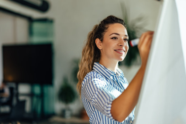 微笑的女孩用记号笔在白板上写计划。图片下载