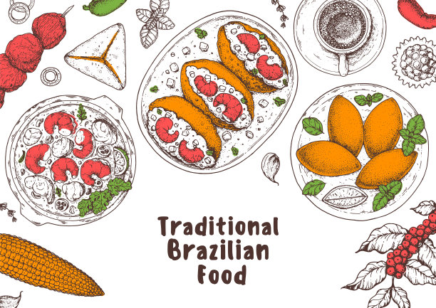 巴西食物顶视图矢量插图。食品菜单设计模板。手绘草图。巴西菜菜单。Moqueca, Acaraje，巴西kibe, Brigadeiro, Esfiha, Churrasco。传统的美食图片下载
