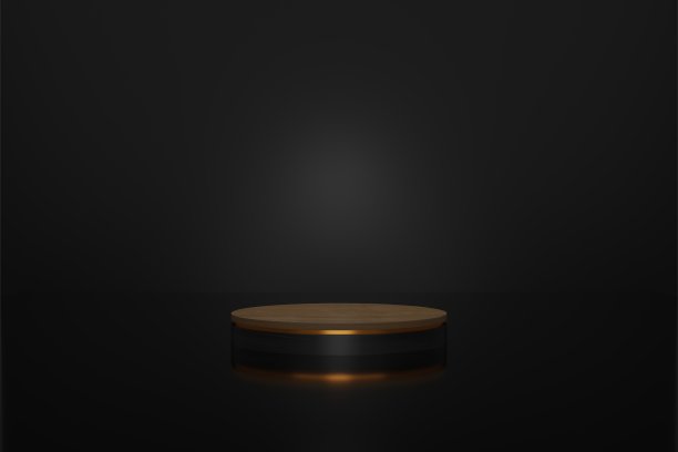 黑色显示背景与几何形状，讲台在地板上。产品展示的平台。抽象构图设计，展示产品为黑色，三维插画图片下载