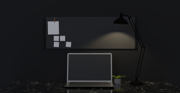 暗桌家庭办公室极简风格的文具灯笔记纸黑色墙壁三维插图图片下载