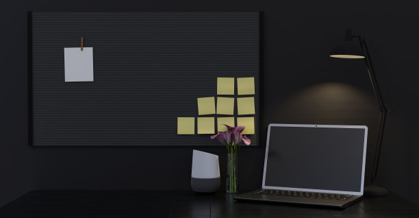 暗桌家庭办公室极简风格的文具灯笔记纸黑色墙壁三维插图图片下载