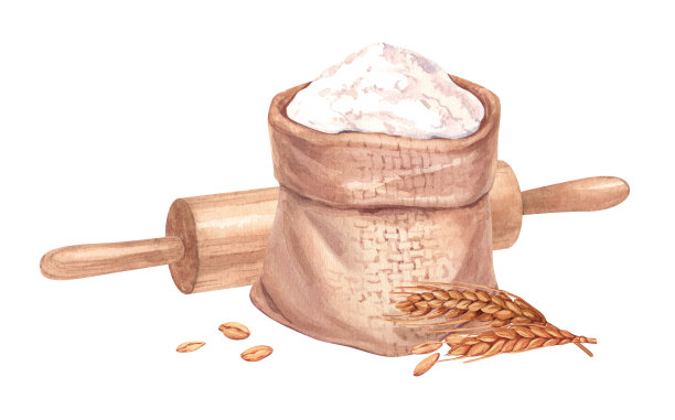 面粉，谷物，擀面杖和小麦。水彩手绘插图，孤立在白色背景上。面包店，咖啡馆，餐厅菜单元素。食谱书，烹饪书图片图片下载