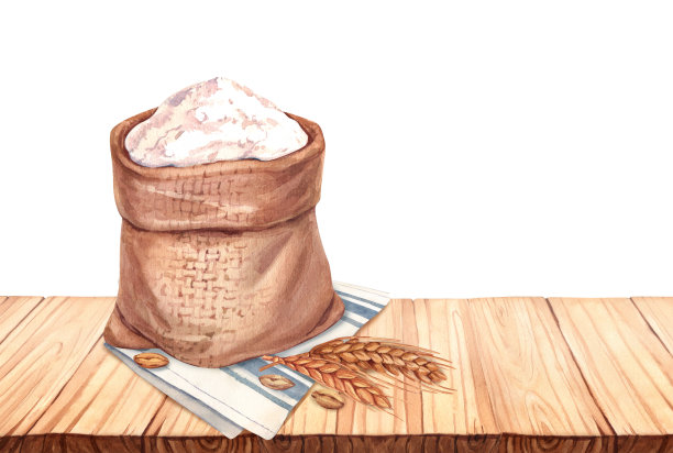 木桌上水彩面粉袋和麦穗。手绘插图，孤立在白色背景上。面包店，咖啡馆，餐厅菜单元素。食谱书，烹饪书图片图片下载