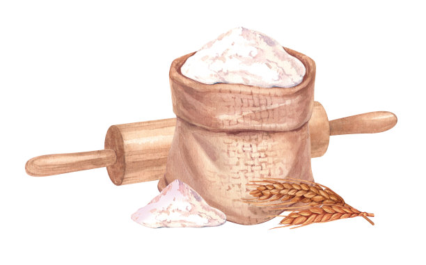 面粉，谷物，擀面杖和小麦。水彩手绘插图，孤立在白色背景上。面包店，咖啡馆，餐厅菜单元素。食谱书，烹饪书图片图片下载