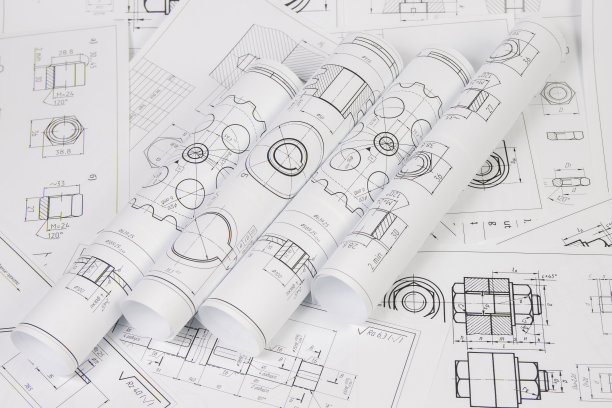 工业零件和机械的工程图纸图片下载