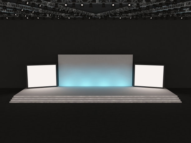 空的舞台前视图。有一个用于投影的矩形屏幕和两个侧面的方形led屏幕和一个天花板聚光灯系统。大厅里的平台元素。三维渲染图图片下载
