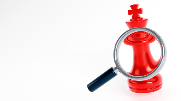 用放大镜在孤立的白色背景上三维渲染国王象棋，找到领导的概念图片下载