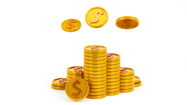 成堆的黄金美元硬币符号在白色背景，3D渲染图片下载