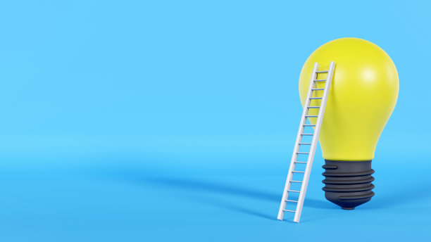 创意灯泡的三维渲染与梯子在彩色背景与复制空间，图标和符号符号的概念图片下载