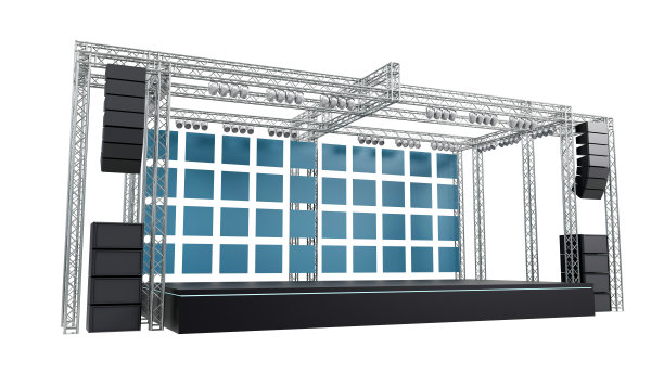 三维渲染的舞台表演和桁架结构与灯光和音响系统的演唱会演出业务图片下载
