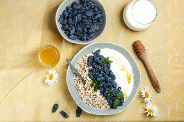 燕麦片，酸奶和金银花在碗里图片下载