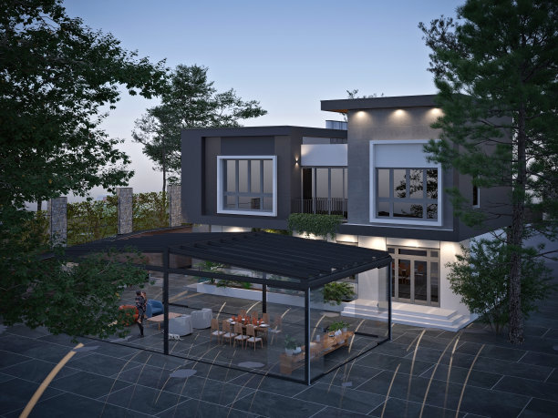 豪华别墅户外生活空间，凉棚日光房。三维渲染图片下载