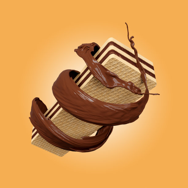 3d脆脆威化棒与热巧克力飞溅漩涡孤立的棕色背景。广告包装，3d渲染插图，剪辑路径图片下载