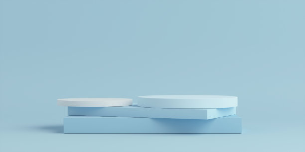 产品领奖台-蓝色和白色方形领奖台，蓝色背景。3D插图图片下载