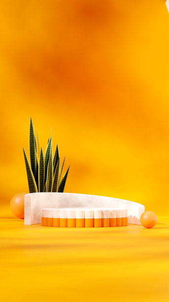 渲染三维空白空间，白色和黄色的讲台在肖像桑叶植物和球体图片下载