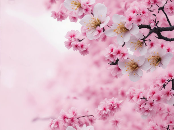 樱花的背景，模糊的粉彩色调，有一个区域的文字在图片的角落。生成的人工智能。图片下载