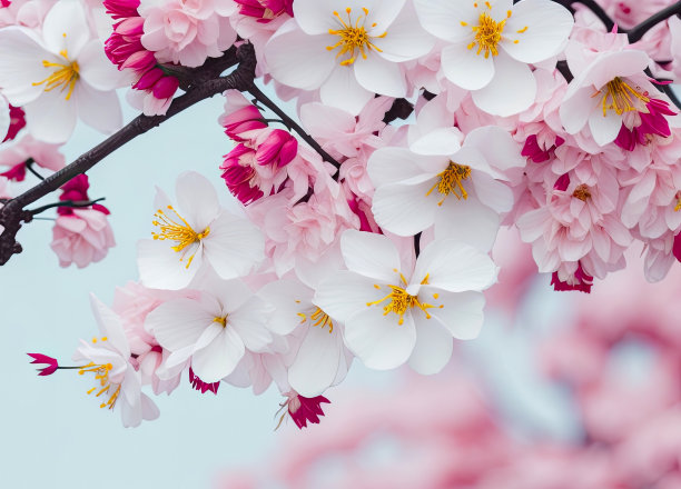 樱花的背景，模糊的粉彩色调，有一个区域的文字在图片的角落。生成的人工智能。图片下载