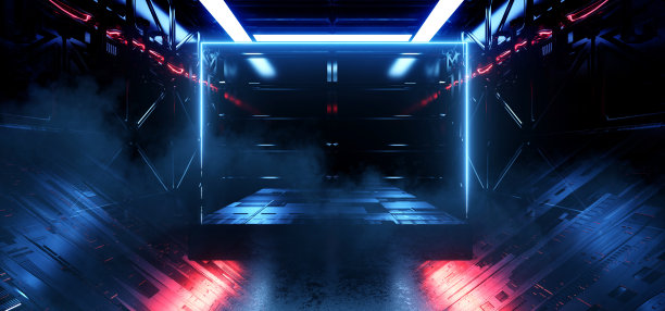 科幻未来异形舞台舞台在烟雾宇宙飞船机库隧道走廊金属光泽发光红蓝色黑暗环境霓虹灯框架3D渲染图片下载