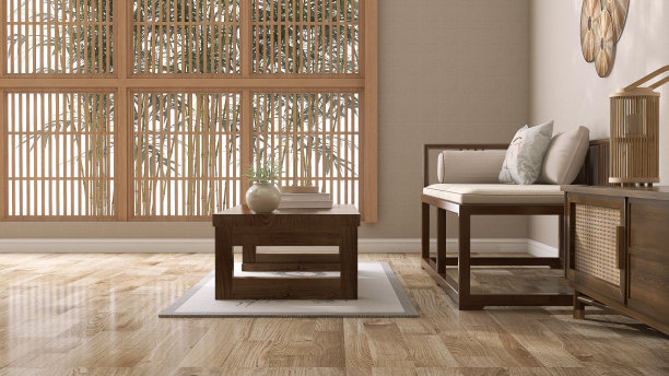 古色古香的中式客厅，古色古香的木床沙发，抱枕，茶几，阳光从镶木地板上的shoji窗口，米色织物纹理壁纸墙图片下载