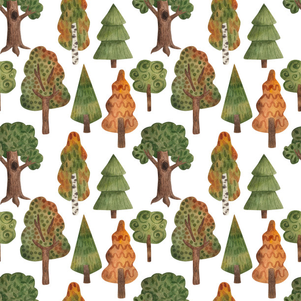 树木，秋天的森林。无缝图案，水彩插图图片下载