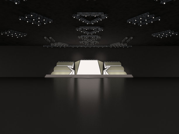 空的舞台正面视图，包括楼梯。有一个半星形的led屏幕用于投影和天花板聚光灯系统。定制的设计。大厅里的平台元素。三维渲染图图片下载