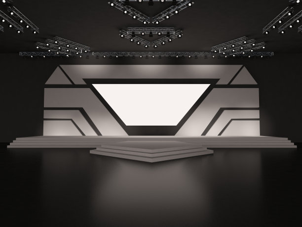 具有未来感的高科技空舞台设计和楼梯。前视图。用于投影的Led屏幕和天花板聚光灯系统。定制的设计。大厅里的平台元素。三维渲染图图片下载