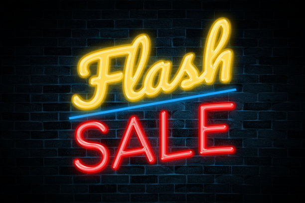 闪购霓虹灯横幅砖墙背景。图片下载