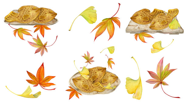 手绘水彩画的日本传统糖果。集秋日和、太烧、茶叶、画框为一体的构图。孤立在白色背景上。邀请餐厅菜单贺卡打印纺织品图片下载