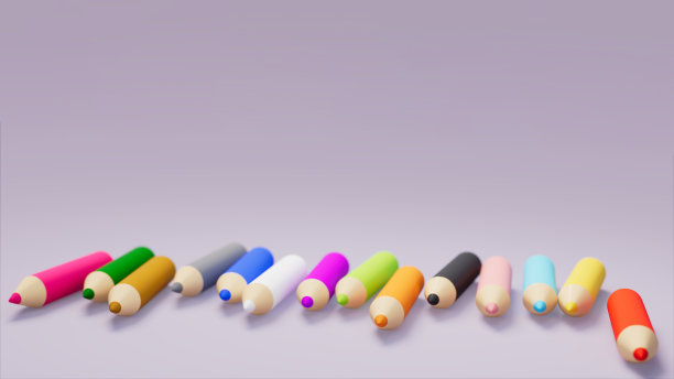 紫色舞台上彩色铅笔组的三维渲染，学习和儿童主题图片下载