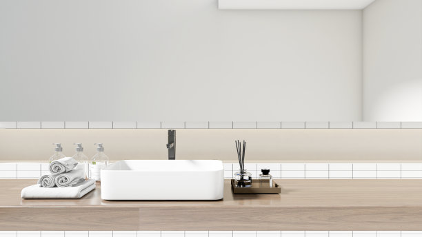 浴室木质台面白色陶瓷洗脸盆、毛巾、洗面奶、洗手液、香水、大镜子。装饰现代风格的3D渲染图片下载