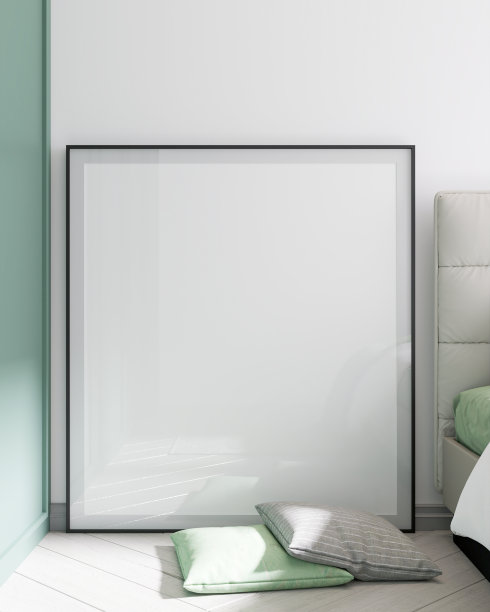 一张巨大的空白白色海报框住了白色卧室墙壁、绿色衣柜、床、枕头、毯子、地毯和娃娃，阳光从房间窗户照进来。橡木地板上的阴影，3D渲染。图片下载