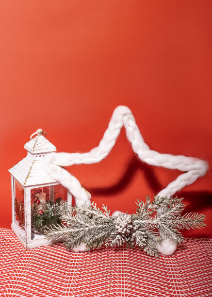 圣诞装饰。带圆锥形的松树，装饰着圣诞灯笼。图片下载