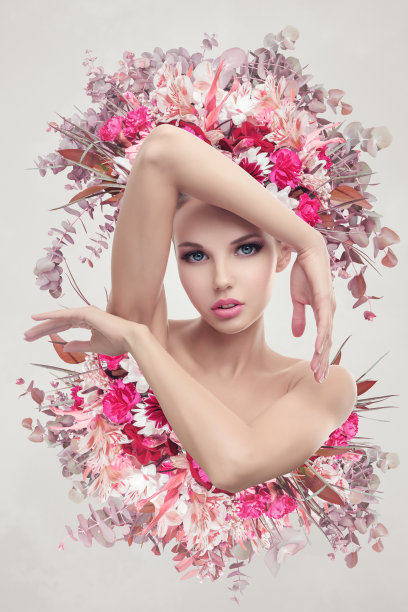 抽象艺术拼贴年轻女子与花图片下载