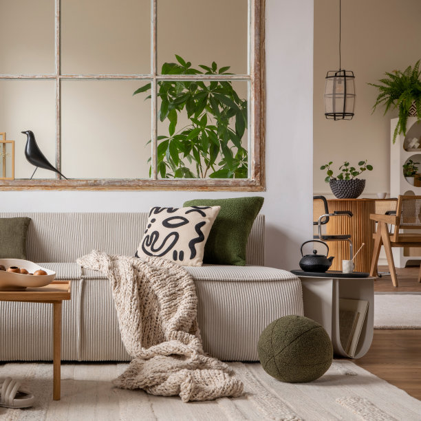 开放式空间室内配有模块化沙发，木制咖啡桌，大窗户，图案枕头，编织格纹，时尚灯，米色咖啡桌，植物和个人配件。家居装饰。模板。图片下载