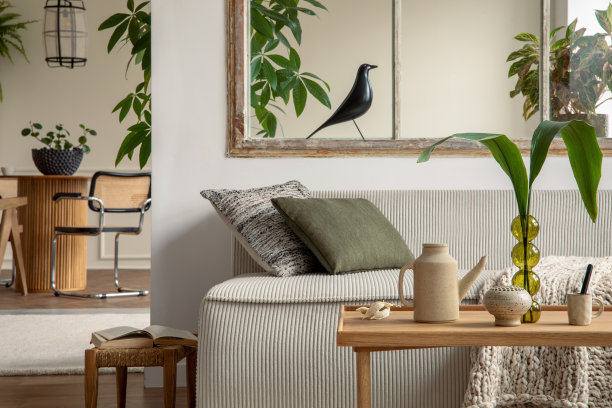 室内开放空间的美学构成:模块化沙发，木制咖啡桌，圆桌，窗户，波西米亚凳子，编织格子，带叶子的花瓶和个人配件。家居装饰。模板。图片下载