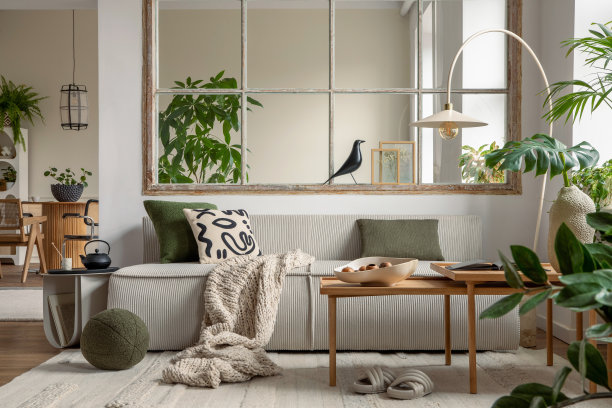 开放式空间室内配有模块化沙发，木制咖啡桌，大窗户，图案枕头，编织格纹，时尚灯，米色咖啡桌，植物和个人配件。家居装饰。模板。图片下载