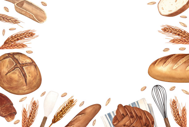 水彩面包店背景。插图面包和糕点收藏。面包店或咖啡馆的概念，为您的设计背景:餐厅菜单元素，食谱烹饪书图片下载