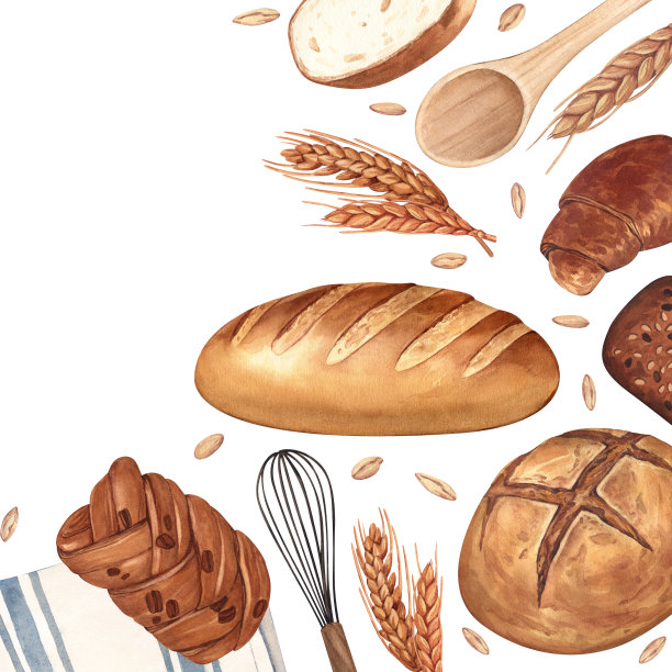 水彩面包店背景。插图面包和糕点收藏。面包店或咖啡馆的概念，为您的设计背景:餐厅菜单元素，食谱烹饪书图片下载