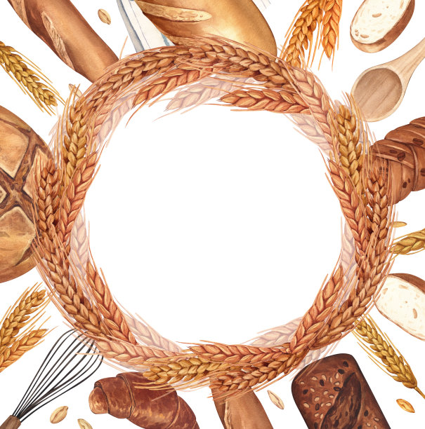 水彩面包店背景。面包和糕点收藏。面包屋手工插画。在白色背景上绘制孤立的有机新鲜小麦生态食品。图片下载