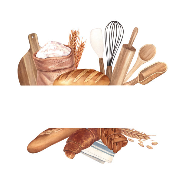 水彩画由小麦粉、面包和厨房工具组成。手绘插图，孤立在白色背景上。面包店或咖啡馆的概念，设计:餐厅菜单元素，食谱烹饪书图片下载