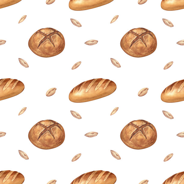 水彩无缝图案背景小麦面包，法棍，小圆面包。手绘插图孤立在白色背景。完美的概念插图菜单，面包店图片下载