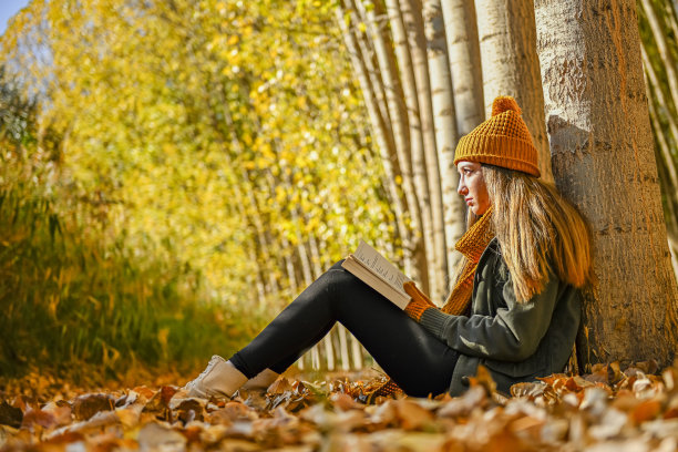 女孩坐在一些秋天的树，看书。图片下载