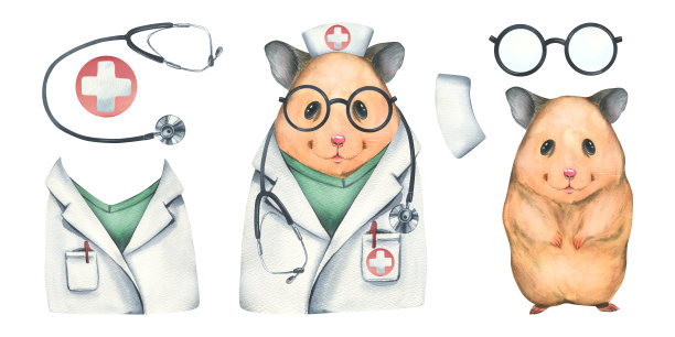 可爱的仓鼠医生穿着大衣，戴着听诊器的眼镜。水彩插图。为医疗设计和设计。白色背景上的一组孤立的物体。图片下载