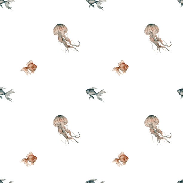 无缝图案与水彩水母和鱼。手绘贝壳图案。水彩复古海洋背景。原始手绘插图。海洋的设计。图片下载