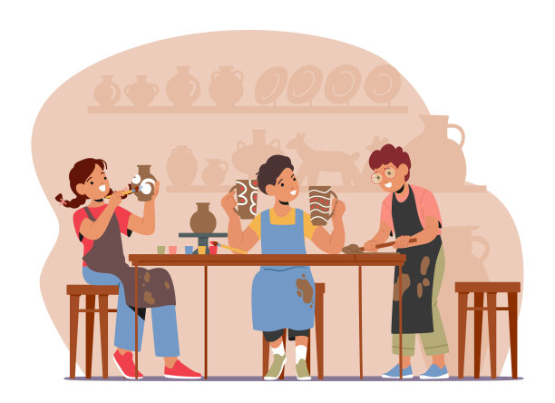 幼儿参与陶艺制作，探索创意及触觉技巧。粘土，模具，颜料和工具图片下载