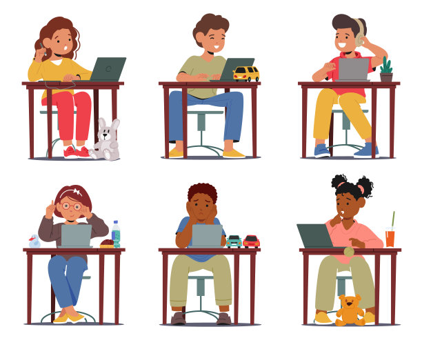 让孩子们专心地坐在桌子前，沉浸在笔记本电脑上学习和工作图片下载